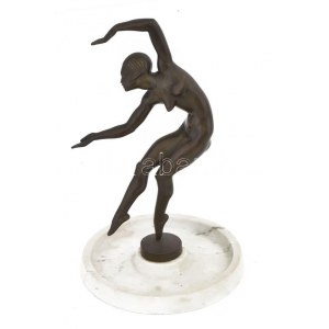 Kerényi Jenő (1908-1975): Táncosnő (Táncoló art deco nőalak), 1929-30 körül. Patinázott bronz, márvány talapzaton...