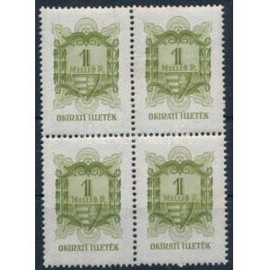 1945 1 millió P okirati illetékbélyeg négyestömb (320.000) / blocco di 4 francobolli fiscali