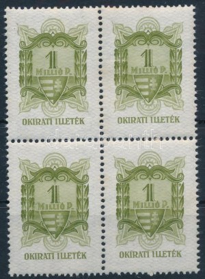 1945 1 millió P okirati illetékbélyeg négyestömb (320.000) / bloc de 4 timbres fiscaux