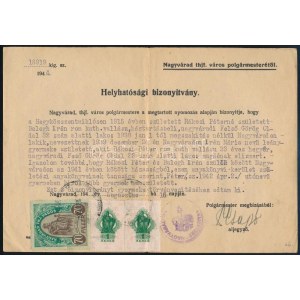 1944 Helyhatósági bizonyítvány 70f nagyváradi illetékbélyeggel