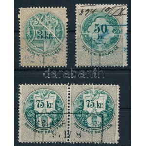 3 db okmánybélyeg papírránccal / fiscal stamps with paper crease
