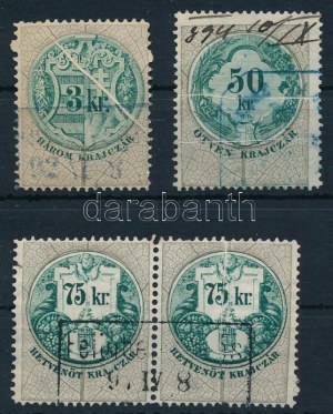 3 db okmánybélyeg papírránccal / timbres fiscaux avec pli de papier