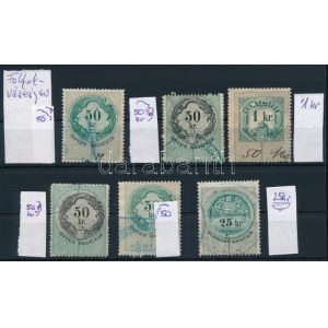 6 db okmánybélyeg foltokkal, vésésésjavítással / timbres fiscaux avec taches de peinture, retouches