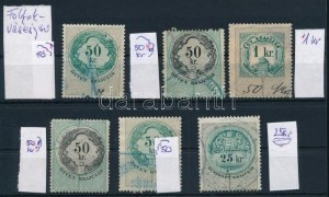 6 db okmánybélyeg foltokkal, vésésésjavítással / timbres fiscaux avec taches de peinture, retouches