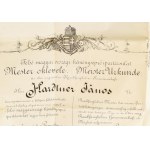 1877 Pozsony, a Felsőmagyarországi kéményseprő ipartársulat mesterlevele Hardtner János kéményseprő mester részére...