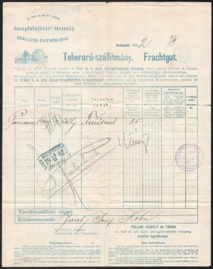 1902 DDSG Dunagőzhajózási társaság hajós fuvarlevél Pancsova. ...