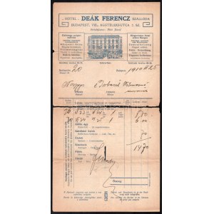 1910 Bp. VIII, Deák Ferencz Szálloda fejléces számlája, szakadással
