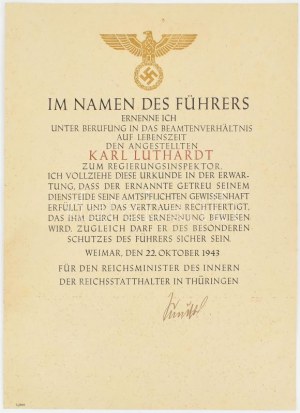 1943 Német Harmadik Birodalom, kormányellenőri (Regierungsinspektor) kinevező oklevél, Karl Luthardt részére...