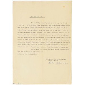 1945 A Svéd vöröskereszt által írt szolgálati igazolás Asta Wilsson a gyermekmentő aukció vezetőjének aláírásával. ...