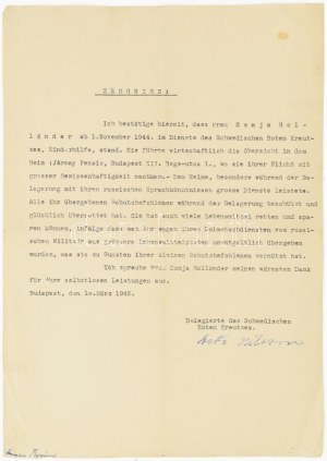 1945 A Svéd vöröskereszt által írt szolgálati igazolás Asta Wilsson a gyermekmentő aukció vezetőjének aláírásával. ...