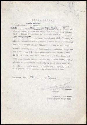 1981 Puskás Ferenc és feleségének hozzájáruló nyilatkozata az Aranycsapat c. filmben képmásul felhasználásához...