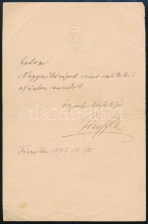 1893 Habsbursko-Lotrinsko József Károly Lajos főherceg (Pozsony, 1833 - Fiume, 1905)...