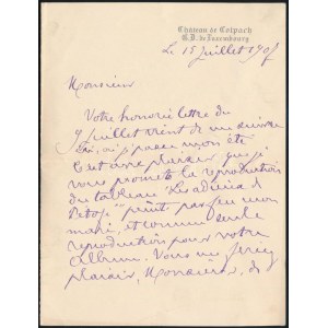 1907.VII.15 Munkácsy Mihály (1844-1900) festőművész özvegye, Cécile de Munkácsy, szül. Papier (1845-1915) autográf...