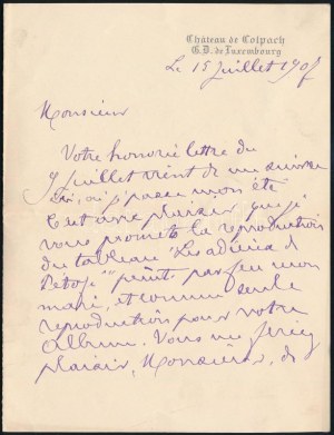 1907.VII.15 Munkácsy Mihály (1844-1900) festőművész özvegye, Cécile de Munkácsy, szül. Papier (1845-1915) autográf...