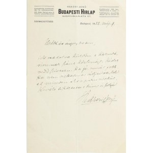 1922 Rákosi Jenő (1842-1929) író, újságíró, a Budapesti Hírlap (1881-1925) főszerkesztőjének autográf levele ifj...