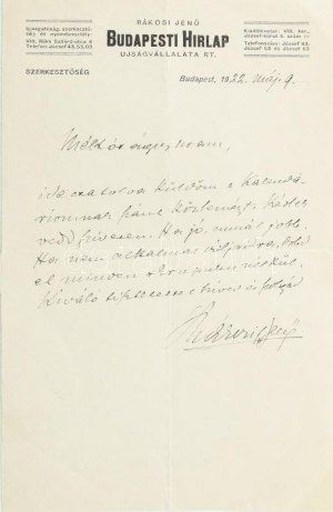 1922 Rákosi Jenő (1842-1929) író, újságíró, a Budapesti Hírlap (1881-1925) főszerkesztőjének autográf levele ifj...