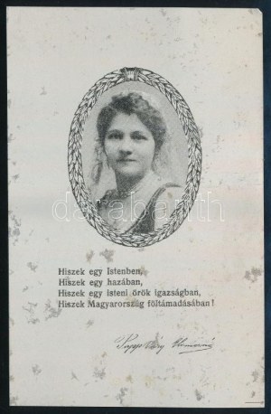 1925 Papp-Váry Elemérné Sziklay Szeréna (1881-1923) : A magyar Hiszekegy szerzője képével ellátott fém kártya...