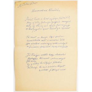 vers 1950-1960 Dutka Ákos (1881-1972) költő, író saját kézzel írt, Novemberi tűnődés c. versének kézirata, aláírással...