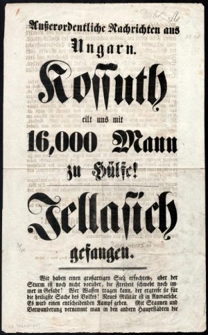 1848 Außerordentliche Nachrichten aus Ungarn. Kossuth nous a fait perdre 16 000 hommes ! Jellasich est touché...