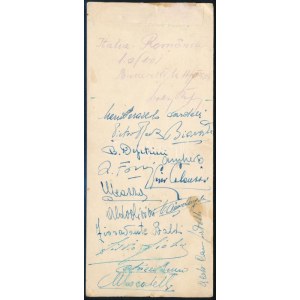 1939 Románia-Olaszország válogatott focimeccs - a díszvacsora menükártyáján az olasz válogatott tagjainak aláírása ...