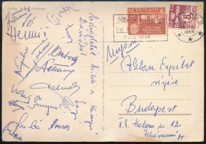 1955 Kinizsi (FTC, Ferencváros, Fradi) labdarúgó csapat tagjainak autográf aláírásai: Fenyvesi Máté, Dékány Ferenc...
