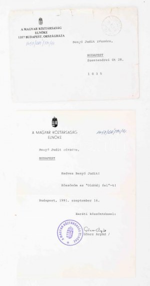 1991 Göncz Árpád (1922-2015) köztársasági elnök aláírt levele ...