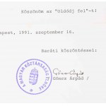 1991 Göncz Árpád (1922-2015) köztársasági elnök aláírt levele ...