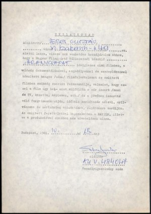 1981 Sebes Gusztáv (1906-1986) un labdarúgó magiaro válogatott edzőjének hozzájáruló nyilatkozata az Aranycsapat c...