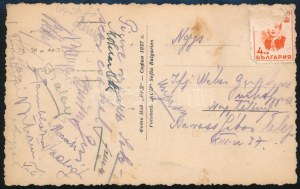 1937 Phöbus FC és a Nemzeti FC labdarúgócsapatok tagainak aláírásai képeslapon. sok válogatott játékossal: Csikós...