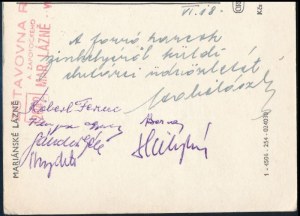 1954 Csehszlovákiai sakkversenyről írt levelezőlap Kossa István miniszternek magyar sakkmesterek autográf aláírásával. ...