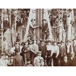ok. 1900 Trencsén, Felvidék, Vág folyó feletti híd építésén résztvevő munkások csoportképe, kartonra kasírozott fotó...