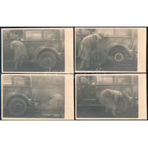 ca. 1925 Egy autó defekt utáni kerékcseréje, 4 db fotó, szép állapotban, 8×13 cm