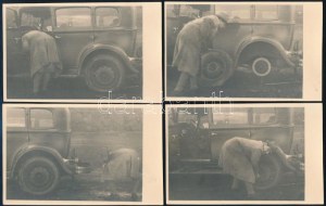 ok. 1925 Egy autó defekt utáni kerékcseréje, 4 db fotó, szép állapotban, 8×13 cm