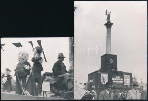 ca. 1945-1946 Bp., Hősök tere, május elsejei ünnepség, Lenin és Sztálin arcképével díszített tribün...