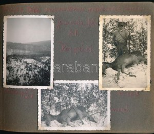 1942 Vadászalbum, vadászzsákmány, vadászmadarak, vadászok, stb., 59 db beragasztott, feliratozott fotó, többségében 9...