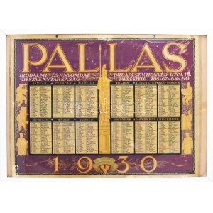 1930 Pallas Irodalmi és Nyomdai Rt. art deco falinaptára, karton, kopásnyomokkal, üvegezett keretben...