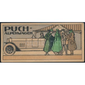 1910-1920 circa Puch-Alpenwagen, Graz, Puchwerke A. G., (Aug. Matthey-ny.), autós témájú színes, litografált számolócédula...