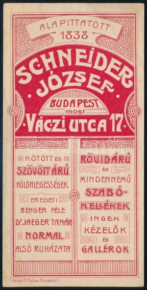 ca. 1910 Schneider József Váci utca 17. férfiruha, kötöttáru számolócédula, hajtásnyommal