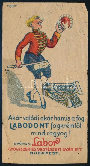 ok. 1920 Labodont fogkrém, Labor Gyógyszer és Vegyészeti Gyár Budapest számolócédula, hajtott...