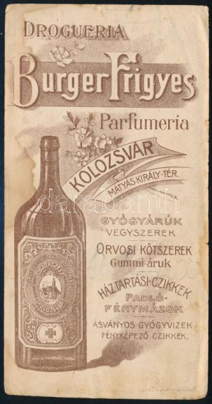 ok. 1900 Burger Frigyes Drogéria, Gyógyáru, Kolozsvár, Mátyás király tér számolócédula...
