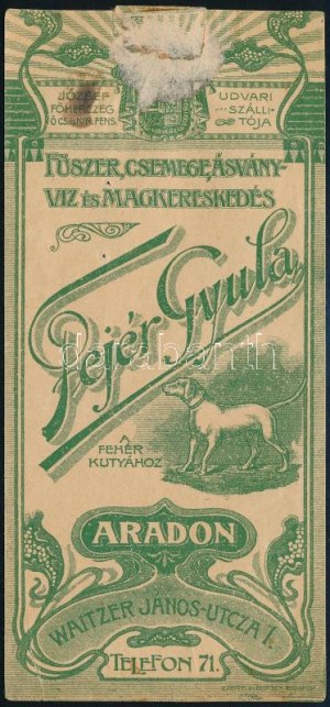 ca. 1910 Arad, Fejér Gyula Fűszer-, Csemegekereskedés számolócédula, ragasztásnyommal...