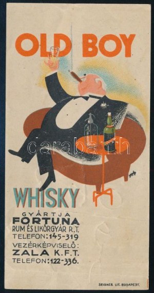 1930 circa Old Boy Whisky, Fortuna Rum és Likőrgyár számolócédula