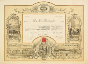 1888 Pest, Chevra-Kadisa egyleti taggá való felvételről szóló háromnyelvű oklevél Werber Bernát részére...