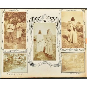 1914-1916 Katonai fotóalbum, beragasztott, feliratozott fotókkal, katonai és helyi érdekességek, emberek, falurészlet...
