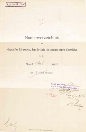 1912 Az S.M.S. Gäa az 1912 Júliusában fedélzetre lépett személyekről. A parancsnok aláírásával és a hajó pecsétjével...