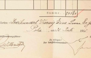1914 S.M. Dampfer VI. osztrák magyar szállító hadihajó nem katonai személyzet bérek listája. Hajópecséttel. ...