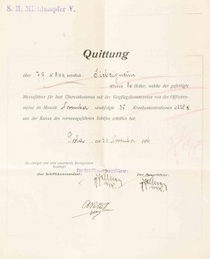 1916 S.M. Dampfer V. osztrák magyar szállító hadihajó kifizetett táppénz nyugta / Official receipt for 79.80 Kronen...