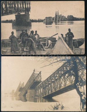 1915-1918 Zimonyi lerombolt hidat ábrázoló 2 db képeslap. Az egyiket Raffner Dezső hadtápos őrmester küldi haza, 1915...