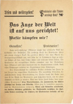 ca. 1917 Das Auge der Welt ist auf uns gerichtet! Wofür kämpfen wir? Német szocialista, kommunista szórólap ...