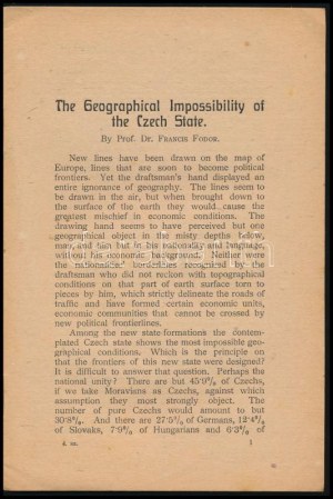 Francis Fodor (Fodor Ferenc) : L'impossibilité géographique de l'État tchèque. East-European Problems No.4. Londres...
